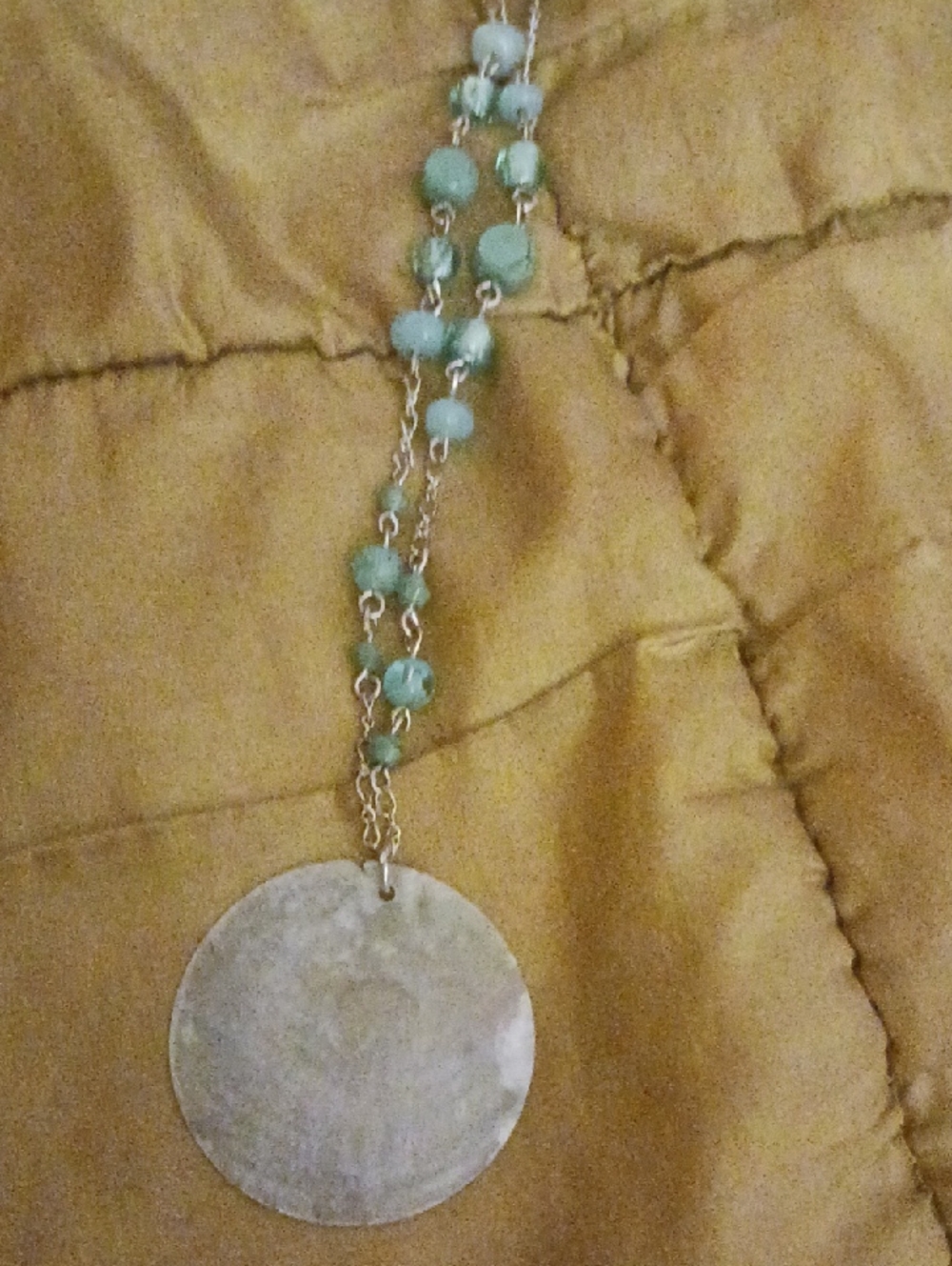 Green Bead Necklace with Silver Disc Pendant